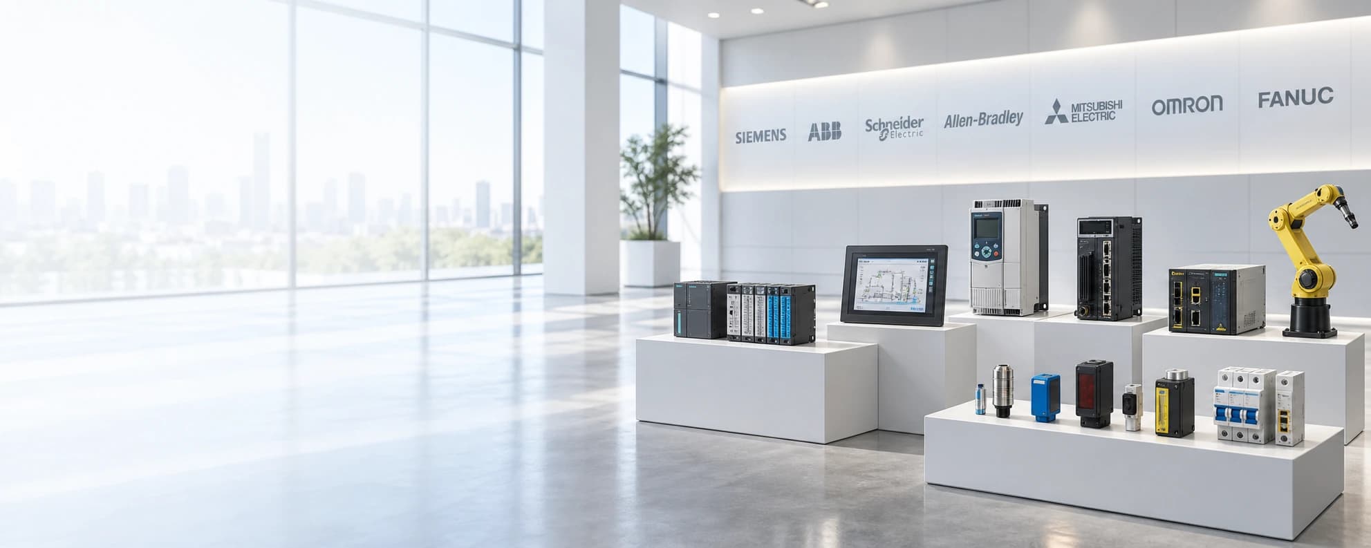 Industrial automation products displayed in a bright multi-brand technology showroom