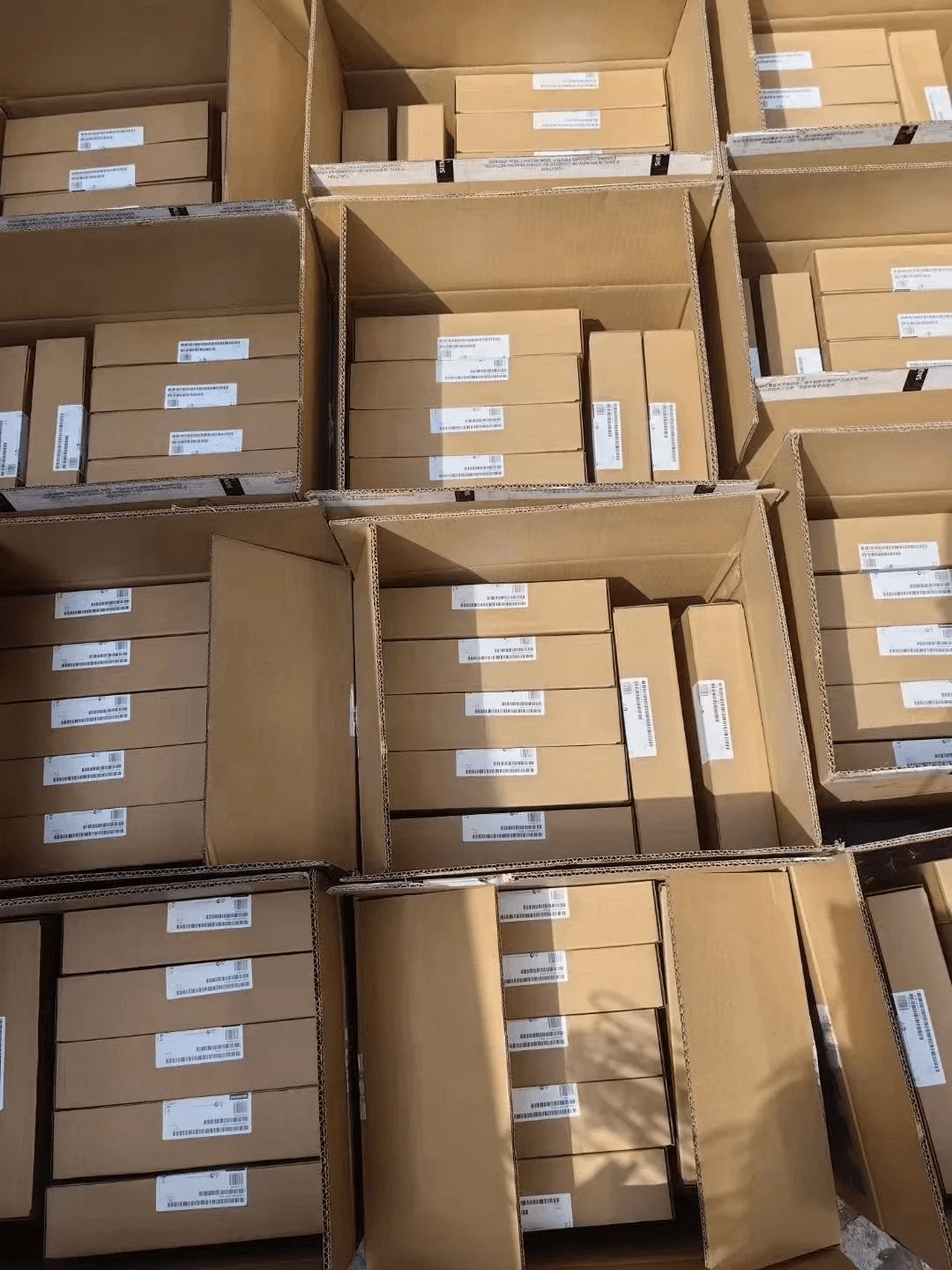 Boxed industrial automation components prepared in inventory