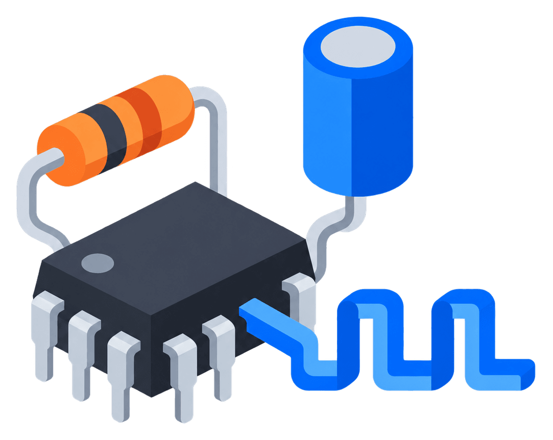 Isometric illustration of a timer chip, resistor, capacitor and square wave