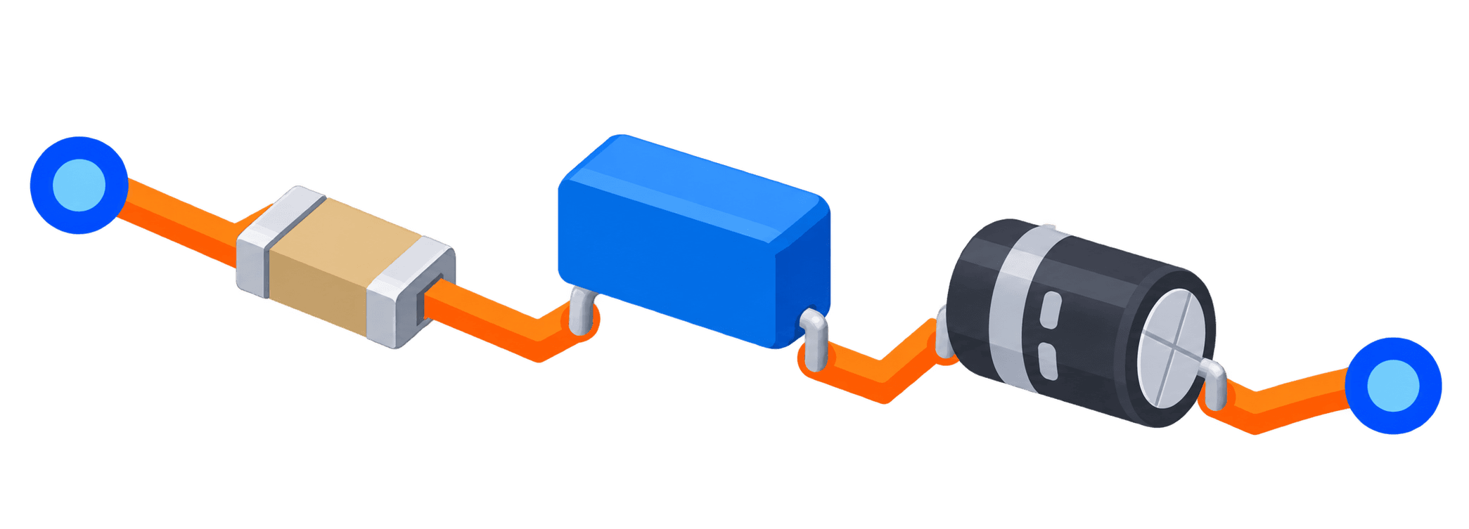 Flat isometric illustration of ceramic, film and electrolytic capacitors arranged along a conversion path