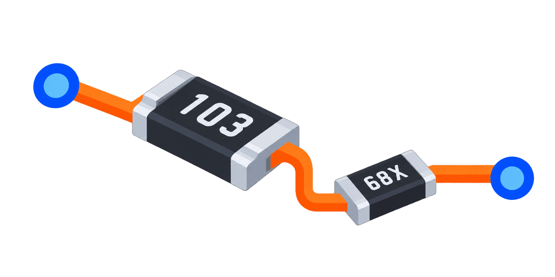 Isometric illustration of surface-mount resistors marked 103 and 68X